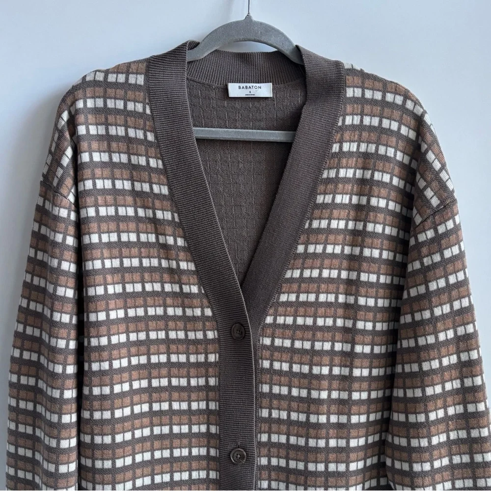 Aritzia Babaton Lacer Merino Wool Cardigan Sweater Brown White Checkered Small - Picture 4 of 17